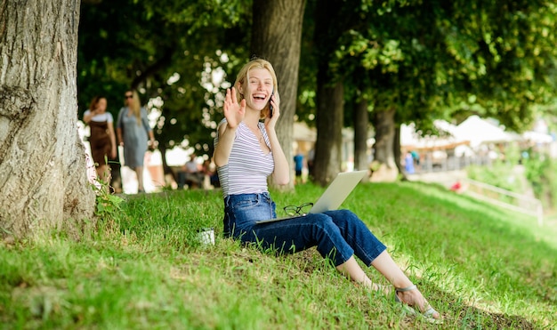 Girl laptop outdoors. Being outdoors exposes workers to fresher air and environmental variations making happy and healthy physical emotional level. Efficient and productivity. Employee work outdoors.