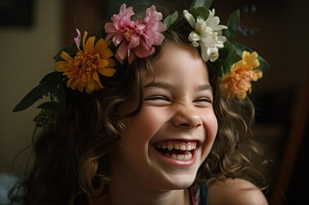 Girl laughing and smiling with flowers in her hair and on her face created with generative ai