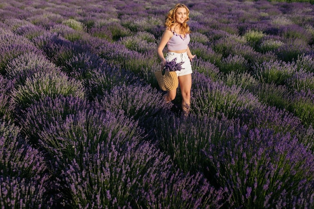 Girl in a lavender field Woman in a field of lavender flowers at sunset in a white dress France Provence