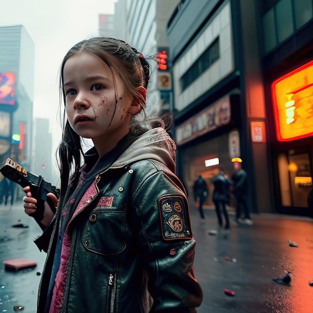 가죽 재킷을 입은 소녀가 '사랑해'라는 팻말이 붙은 건물 앞에서 총을 들고 있다.