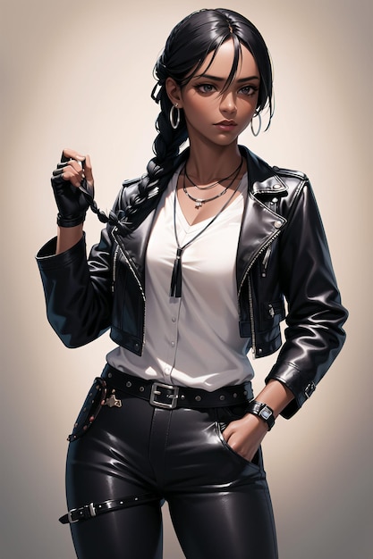 A girl in a leather jacket and pants with a white shirt