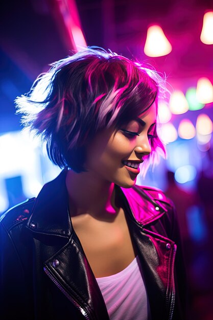 a girl in a leather jacket stands in front of a colorful lights.