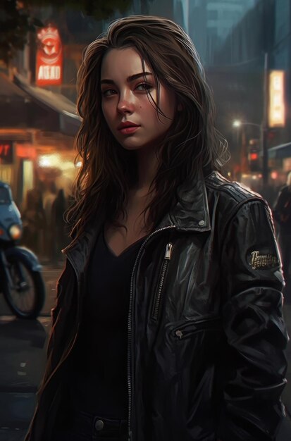 A girl in a leather jacket stands in front of a store