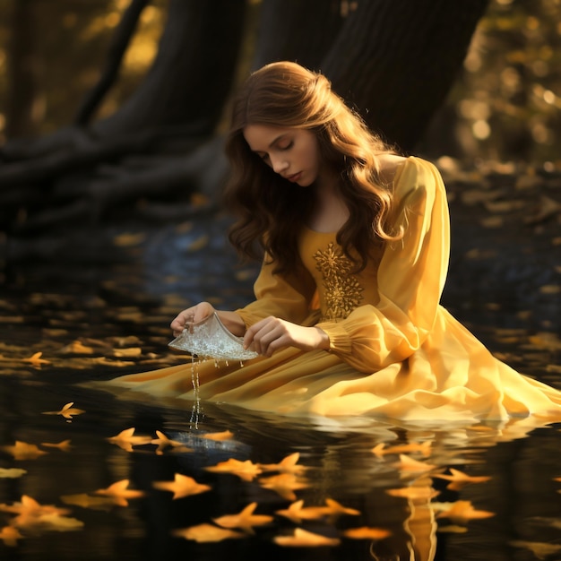 The girl let go of the yellow leaf and let it float with the water the landscape with generate Ai