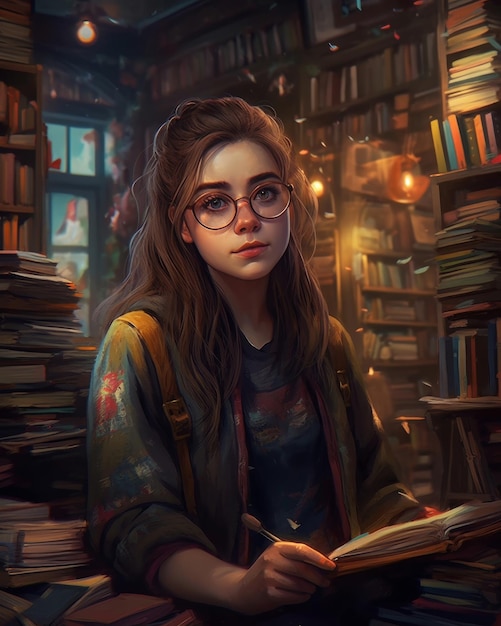 A girl in a library with a book in her hand