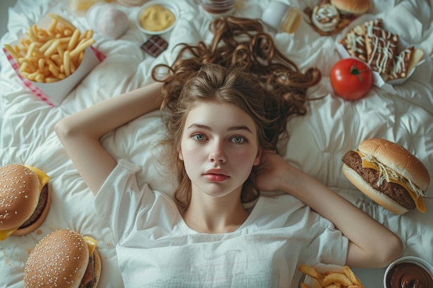 Photo a girl lies in bed with fastfood pms cheat meal