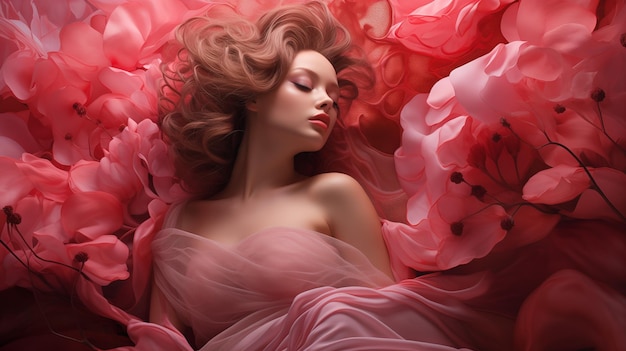 분홍색 꽃에 누워있는 소녀 발렌타인 데이