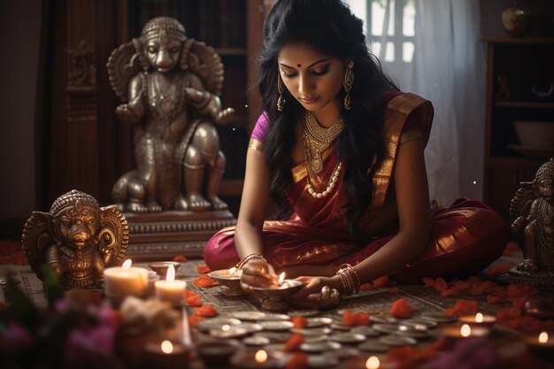 Foto ragazza che accende candele per la festa di diwali