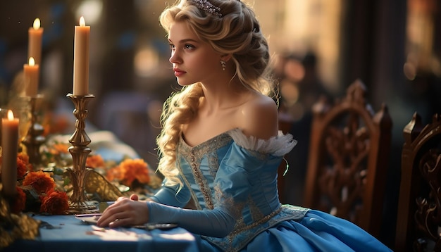 A girl like princess Blonde hair In a blue princess dress