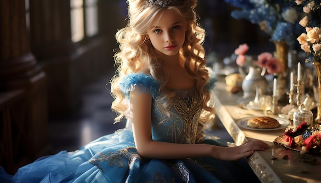 Девушка как принцесса Светлые волосы В синем платье принцессы