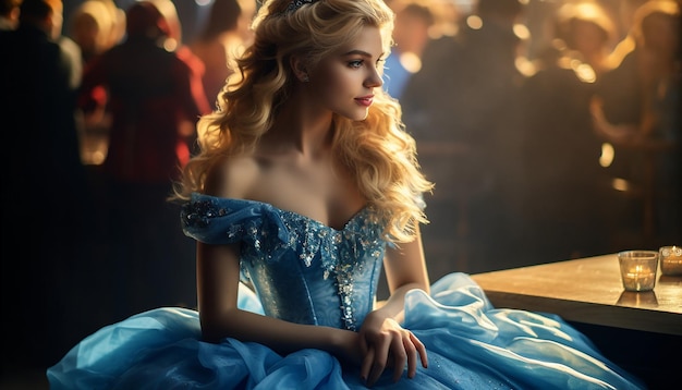 A girl like princess Blonde hair In a blue princess dress