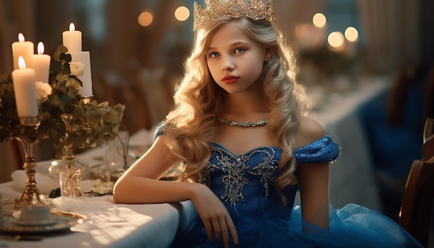 A girl like princess Blonde hair In a blue princess dress