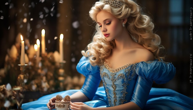 A girl like princess Blonde hair In a blue princess dress