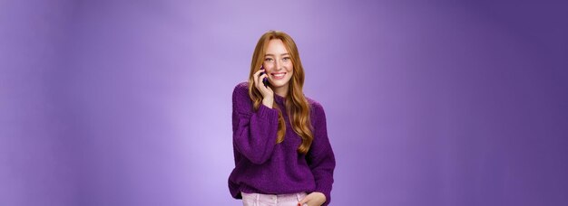 Girl likes talking on mobile phone with funny friend portrait of carefree charming redhead european person