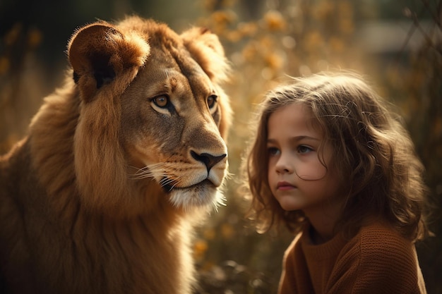 Foto una ragazza e un leone