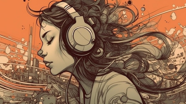 Girl listen to music drawing