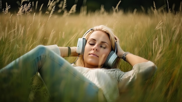 Girl listen to music in the field Illustration AI GenerativexA