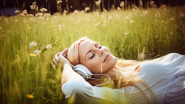 Girl listen to music in the field Illustration AI GenerativexA