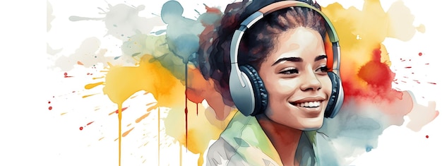 Girl listening music in large wireless headphones