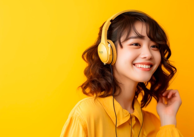 girl listening to music with headphones copy space