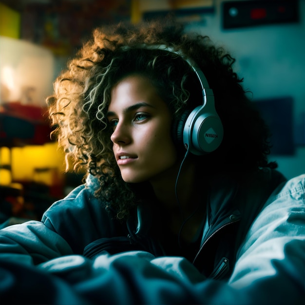 Girl listening to music with headphones on the sofa