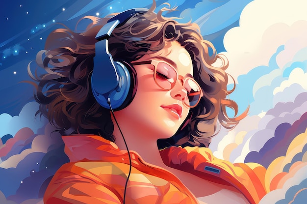 Girl listens to music with headphones