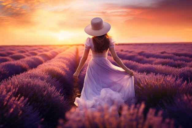 Photo a girl in a long dress in a large lavender field lit by the sun ai generated