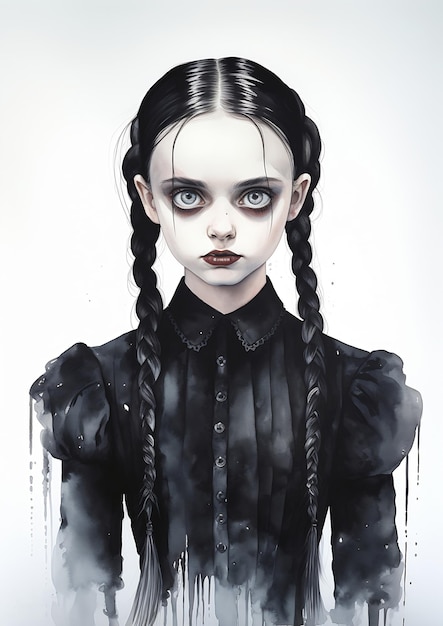 Photo girl long hair black dress horror face young serious composure dreary resin sussy baka wednesday