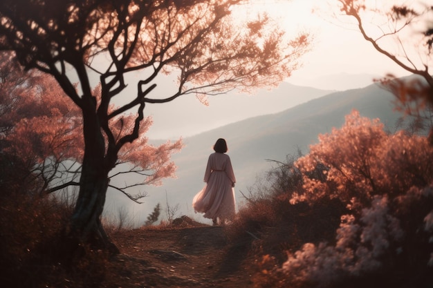 A girl in a long white dress stands on a mountain trail