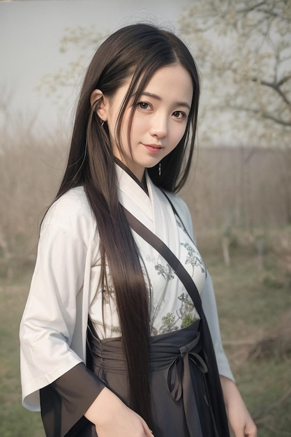 A girl in a long white dress with a flower on the front