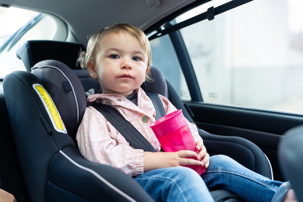 Photo girl looking at camera while drinking water in a car