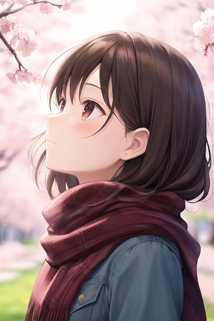 Девушка смотрит на цветущую вишню