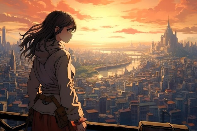 A girl looking at a city in the background