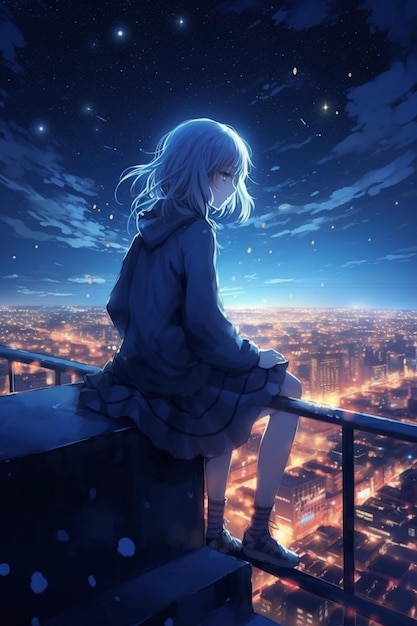 A girl looking at the city at night