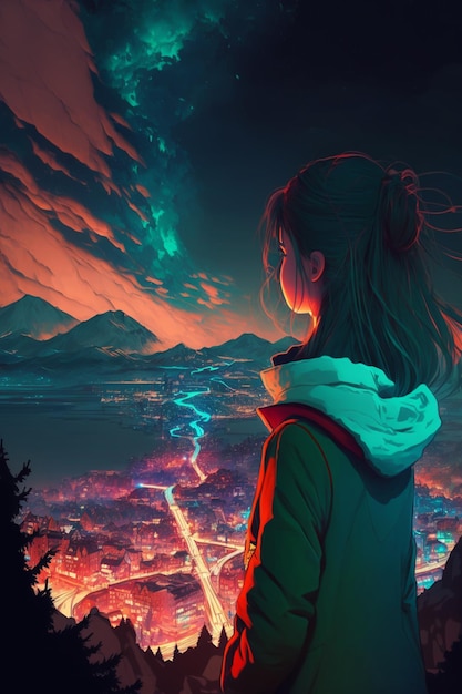 A girl looking at a city below a starry sky