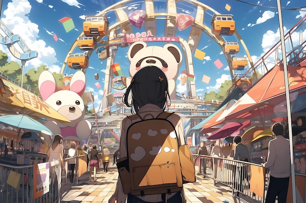 A girl looking at a crowded amusement park