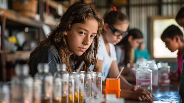 a girl looking at a flask with other things in it