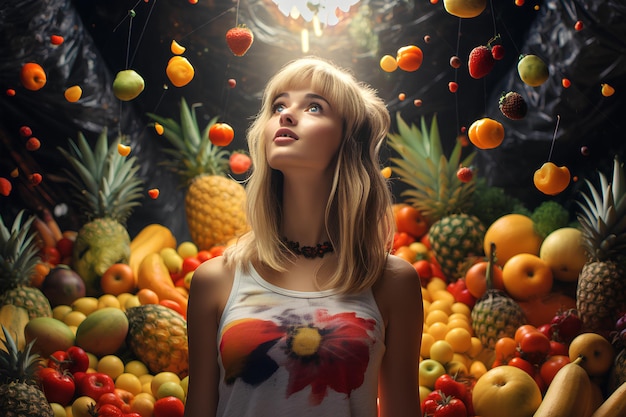 girl looking at the fruit and veggies