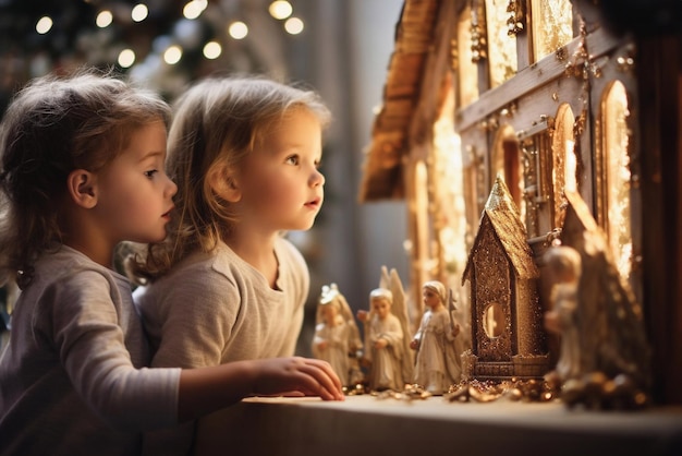 Girl looking at a glass ball with a scene of the birth of Jesus Christ near christmas tree