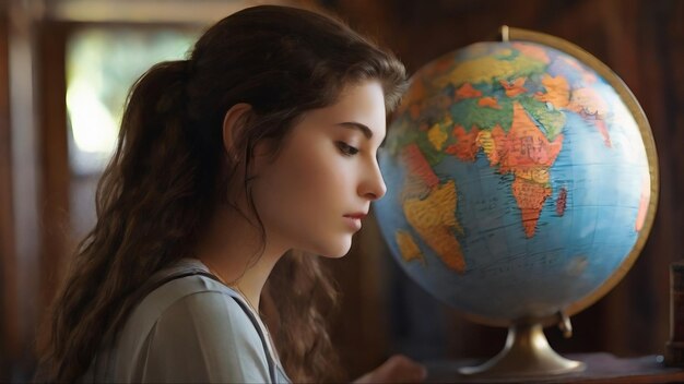 Photo a girl looking at a globe with the map of the world on the bottom