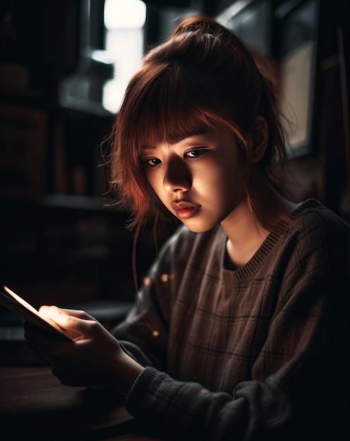 Девушка смотрит в свой телефон в темной комнате