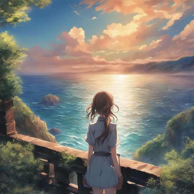 A girl looking at the horizon from the shore