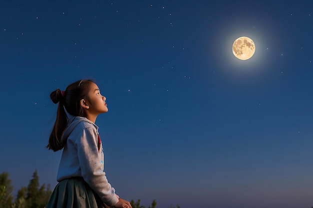 A girl looking at the moon in the sky