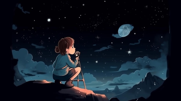 A girl looking at the moon in the sky
