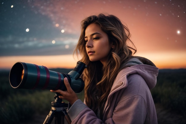 Girl looking at the Moon through a telescope