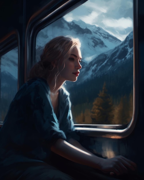 A girl looking out of a train window with mountains in the background.