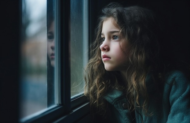 Photo a girl looking out of a window with a sad look on her face.