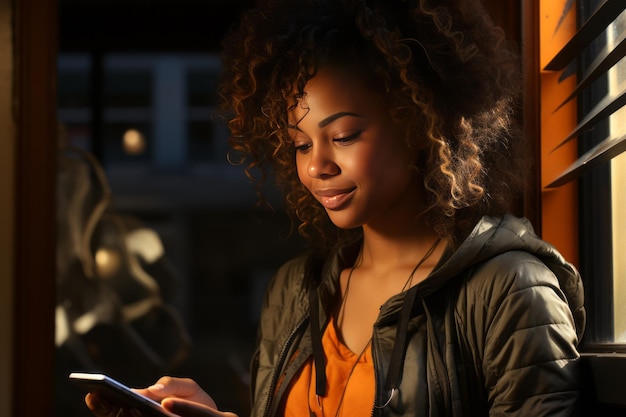 Girl looking at the phone in the evening in the city