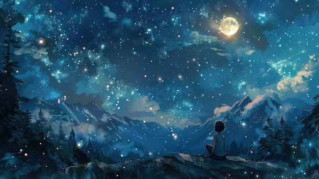 밤에 별을 바라보는 소녀와 별빛 하늘을 날아다니는 눈송이 산과 숲을 배경으로