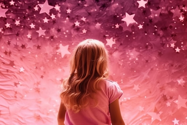 A girl looking at stars on a pink background